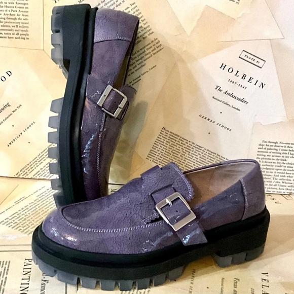 Free People Mackensie MJ Loafer Lug Sole Purple Gray Patent Leather - Picture 1 of 10